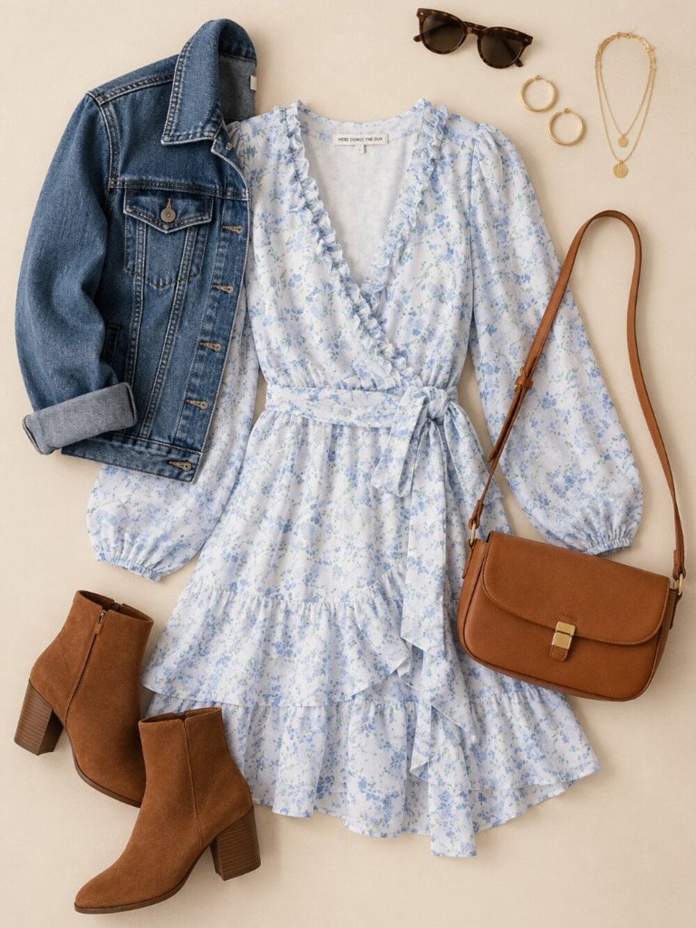 Here Comes The Sun Floral Wrap Mini Dress XS Blue Ruffle Long Sleeve Tie Waist